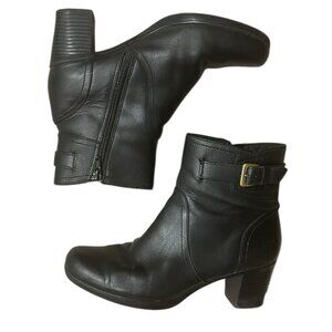 Clarks Leather Booties Women’s 8M Bronze Buckle Block Heel 2.5” Corpcore